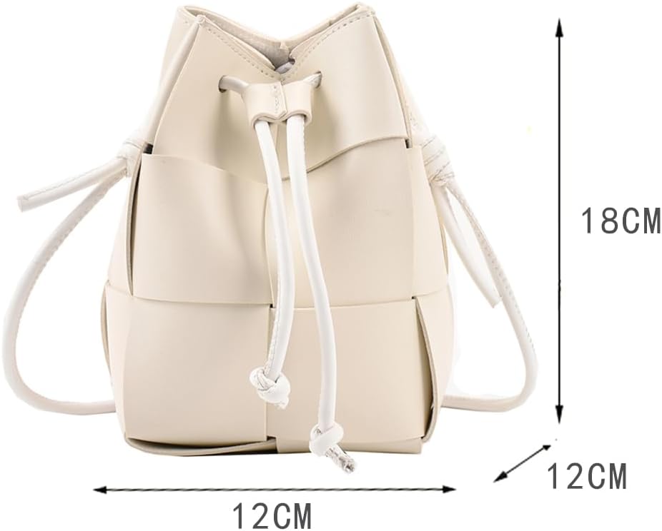 Mini Woven Bucket Bag for Women, PU Leather Small Hobo Handbag Square Lattice Drawstring Crossbody Handbags Soft - Image 2