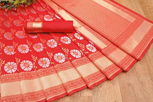 Image of Flosive Ayn Women's Present Banarasi Soft Lichi Silk Saree Beautiful Jacquard Rich Pallu Design Work Zari Woven Kanjivaram Silk Style Saree With Soft Lichi Silk Blouse Piece (White & Red)