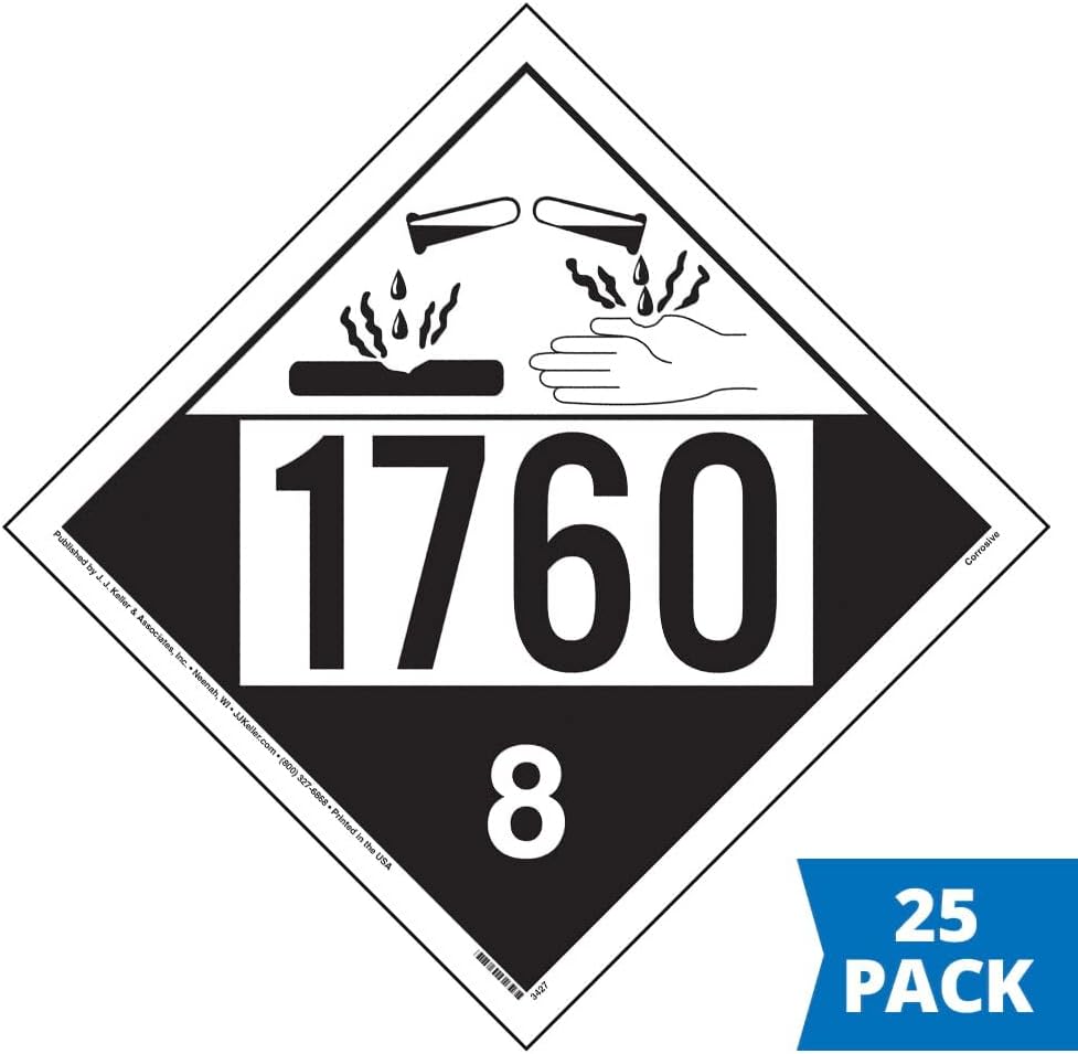 1760 Placard, Class 8 Corrosive 25-pk. - 10.75" x 10.75" Polycoated Tagboard for Temporary Applications, DOT Hazmat Compliant, J. J. Keller & Associates, Inc.