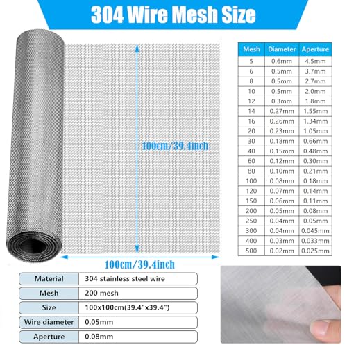 TIHONORI 304 Stainless Steel Wire Mesh Screen, 100X100cm Wire Mesh Window Screen Mesh 20-500 Mesh Fine Woven Metal Filter Mesh, Mesh Screen for Vent Cage Garden,200 Mesh