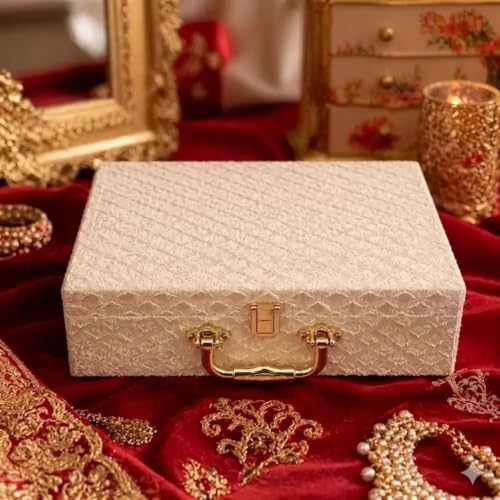 Image of Bangle Organizer Box for Women, 3 Rod Bridal Chudi Storage Box with Handle & Lock, Premium Velvet Bangle Holder for Bangles, Chudi, Kada & Bracelets, Beige
