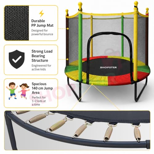 Image of Shopster 55 inch Kids Silent Trampoline with Safety Enclosure Net & Spring Pad, Indoor & Outdoor Powerful Loading Capacity for Children