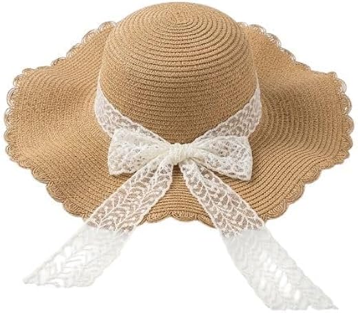 FAMWRAPZ Elegant Scalloped Sun Hat for Women with Lace Bow, Wide Brim UV Protection, Foldable Straw Hat, Adjustable Fit fo...