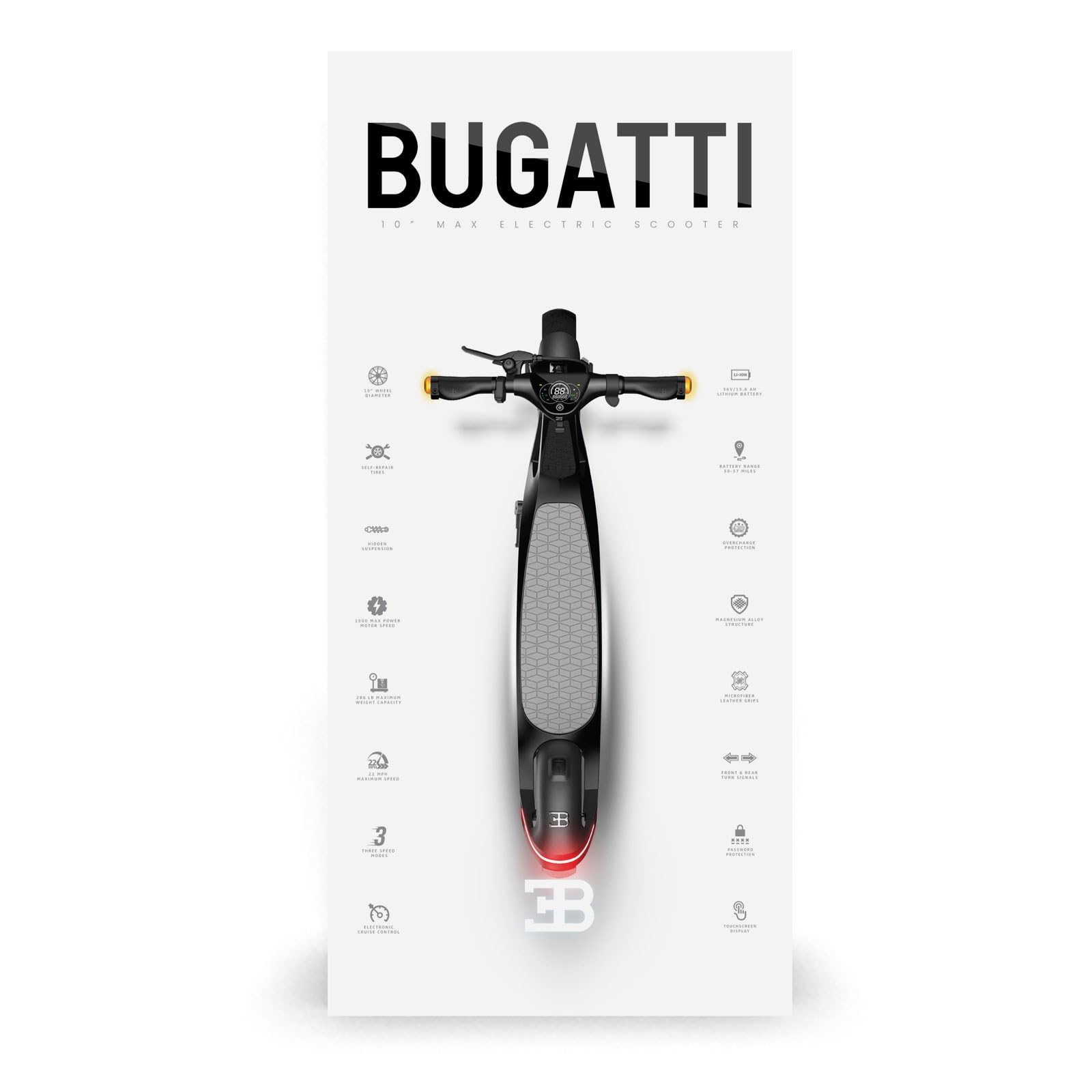 Bugatti - Electric Scooter - with LED Lights, Rear Brakes and Suspension, Turn Signal Support on Front & Back