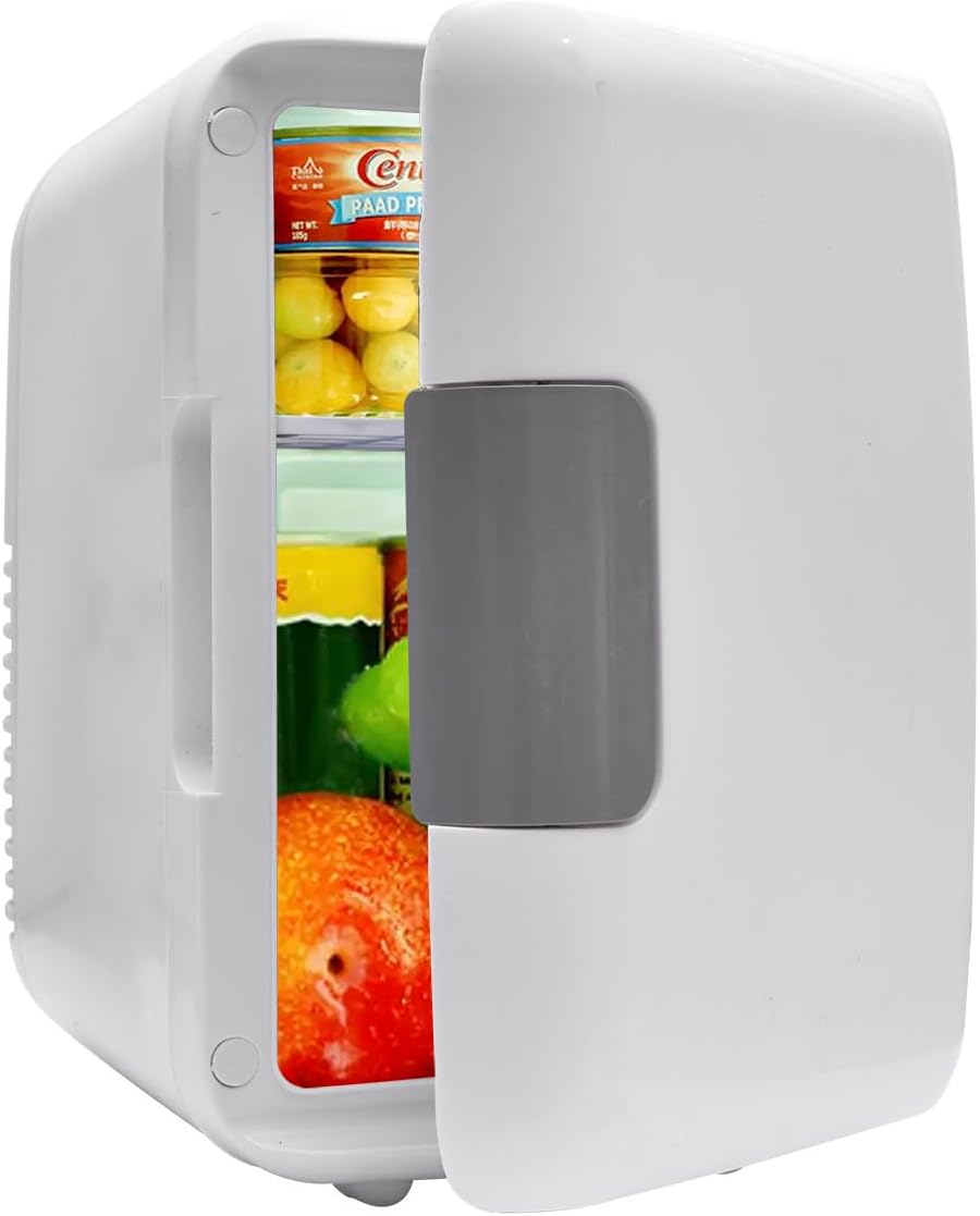 Mini Portable Compact Personal Fridge Cools & Heats, 4 Liter Capacity Chills Six 12 oz Cans, 100% Freon-Free & Eco Friendly, Includes Plugs for Home Outlet & 12V Car Charger, White