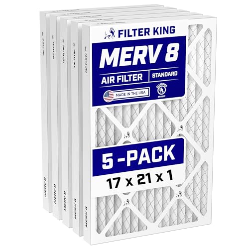 Filter King 17x21x1 Air Filter (MERV 8) (5-Pack) Dust & Allergy Control AC Furnace Filters MADE IN USA HVAC Pleated Electrostatic (Actual Size: 17 x 21 x .75)