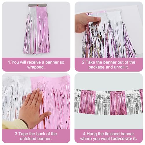 Image of BEISHIDA 3 Packs Metallic Foil Fringe Garland Pink Silver Wall Hanging Tinsel Fringe Banners for Car Floats Birthday Baby Bridal Shower Wedding Graduation Holiday Party Decoration(30 Feet)