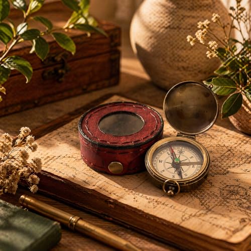 Brújula Antigua de Cobre Grabada 2.5 Pulgadas con Estuche de Cuero miniatura 5