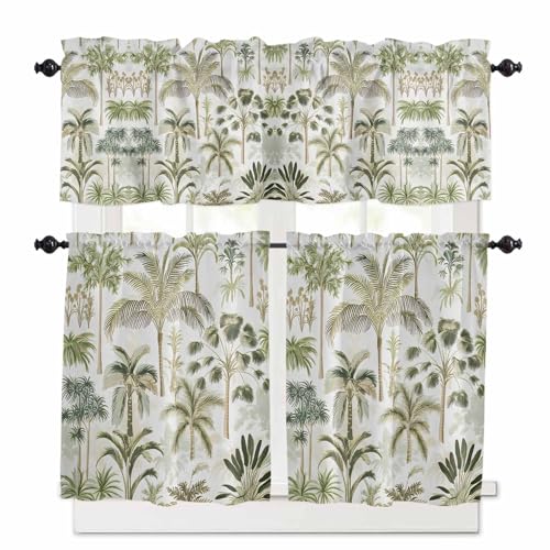 Green Palm Tree Tropical Kitchen Curtains 36 Inch Length, 3 Piece Rod Pocket Small Half Tiers and Valance Set, Beach Summer Botanical Small Large Window Treatment Decor for Bedroom/Bathroom Sink