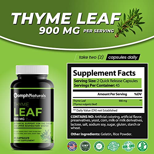 Oomph Naturals Thyme Leaf, 900Mg Thymus Vulgaris Leaf Extract, 90 Capsules 45 Day Supply, Non-Gmo, Gluten Free, Supplement For Respiratory Health #TOP1