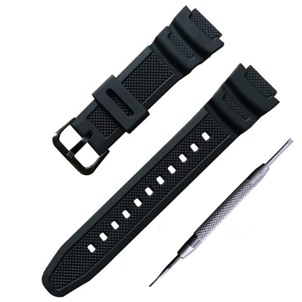 ラバー ウォッチ バンド PU ストラップ 腕時計ベルト コンパチブル For Casio AQ-S810W SGW-300H MRW-200H AE-1000W W-S200H W-735H AEQ-110W に適合する (ブラック(黒尾錠))
