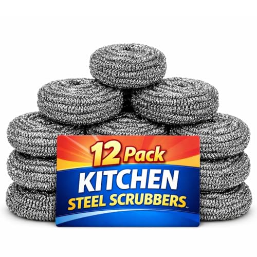 12x Scourer Stainless Steel Secures Washing Up Scrubbers Perfect for Cleaning Washing Dishes Pots Pans Sinks Basins BBQ Ovens Grills Home Restaurants Kitchen Accessories (12pc)