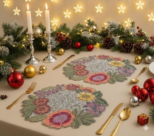 Set of 2 Handmade Beaded Floral Placemats, 14x14 Inch Round Table Mats, Premium Sparkly Flower Wreath Chargers for Dining Table, Elegant Christmas, Holiday & Wedding Table Decor, Multicolor image 2