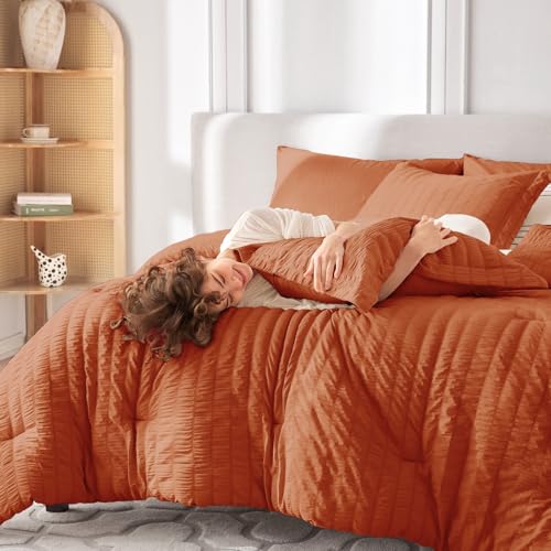 Image of MUXHOMO 7 Pieces Oversized Queen Comforter Set, Seersucker Bed in a Bag Oversized Queen Size, All Season Luxury Bedding Set with Comforter, Flat Sheet, Fitted Sheet, Pillowcases & Shams, Burnt Orange