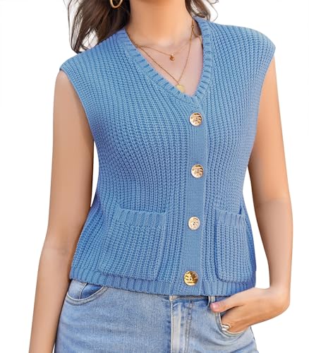 Image of Womens Summer Crop Knit Sweater Vest Sleeveless Button Down Chunky Knit Vest Cardigan with Pockets Blue S