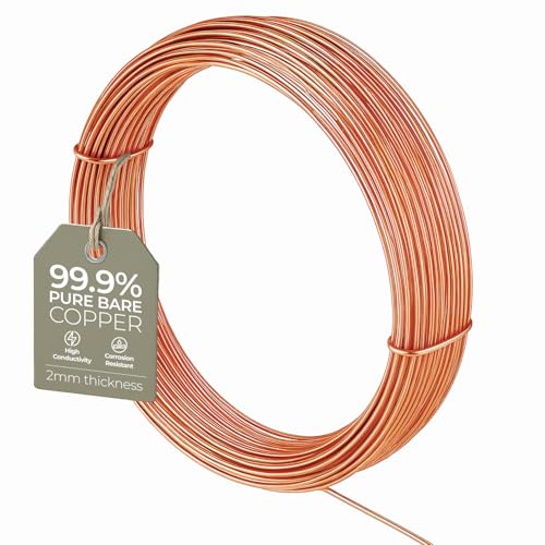 Bare Copper Craft Wire - 2mm 12 Gauge 5m Wire for Sculpting Craft Floral Making Jewellery Making Wire Weaving and Wrapping Electroculture Copper Wire 99.9% Pure Copper Wire