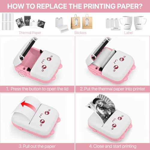Image of Vaku Luxos Portable Mini Thermal Printer, Bluetooth Wireless, Inkless, for Photos, Notes, Labels, QR Codes, Barcodes, Receipts, Compatible with iOS and Android - Pink