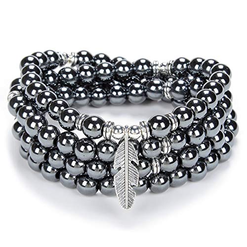 Inspirerande Yoga Beads Armband 108 Mala Stone Halsband med Dainty Lucky Feather Charm (Hematit (Hematite))