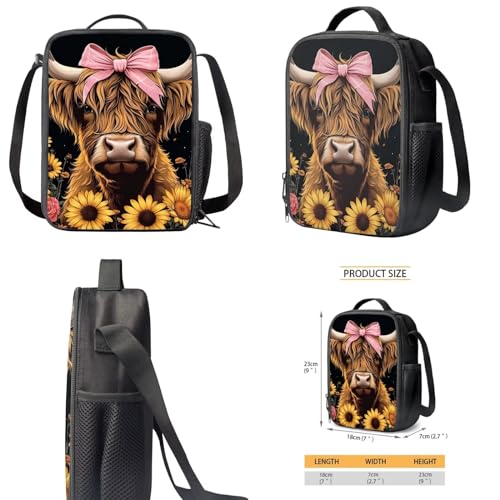 Highland Cow Kids School Backpack with Lunch Box 8-10/6-8 Black Bookbag Lunch Bag Pencil Pen Box Water Bottle Holder Kindergarten School Daycare Bag Satchel Bag 4pcs/set 5