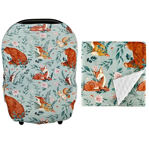 Image of TANOFAR Baby Blankets & Car Seat Cover, Multi-use Nursing Cover for Breastfeeding, 30 * 40in Minky Blanket with Dotted Backing, Woodland Animals Bear