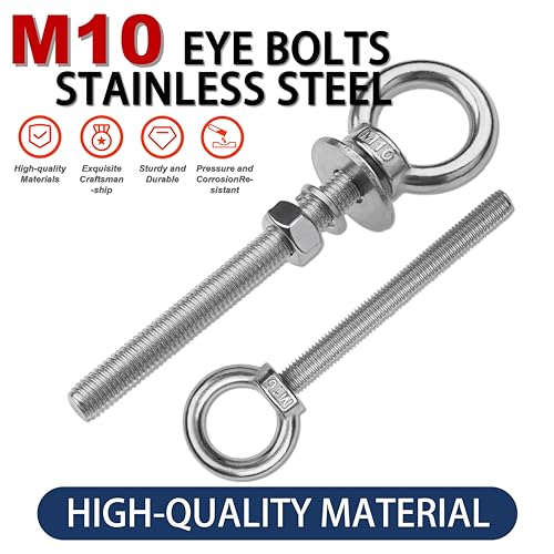 Image of 12 Pack M10 Stainless Steel Eye Bolts with Nuts,3 /8 inch x 4 inch Eye Bolts