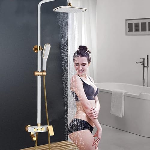 Système De Douche Avec Mitigeur Douche Pluie, Colonne De Douche Baignoire Or Blanc Paroi Cachée Avec Douche Pluie, Pommeau De Douche Avec Flexible Et Support Douche Pluie Avec Douchette Set De Douch Cover