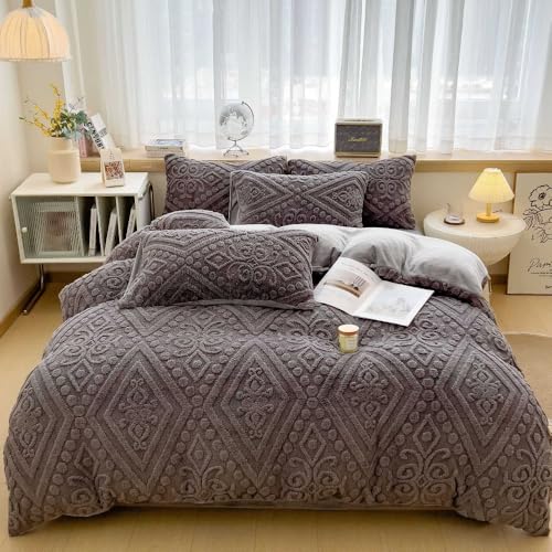 Aoasious 冬増粘タフタベッドセット ミルクベルベット フランネル寝具 暖かい快適 220x240cm ピンク翡翠 4点セット (1.5 ベッドシーツ 4 ピース キルトカバー 200x230cm,紳士グレー)