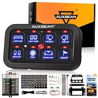 Auxbeam 8 Gang Switch Panel BB80 Universal Circuit Control System Relay Box Automatic Dimmable Panel Switch Box LED On-Off Switch Pod Universal for Car Truck Offroad ATV SUV-Blue, 2 Year Warranty