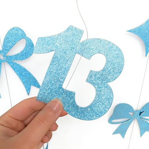 Image of Glitter Blue 13th Bow Birthday Decorations Teal Blue Conquette Bow Garland Streamer Banner Backdrop for Girls Happy 13th Birthday Official Teenager Cheers to 13 Years Old Anniversary Party Supplies
