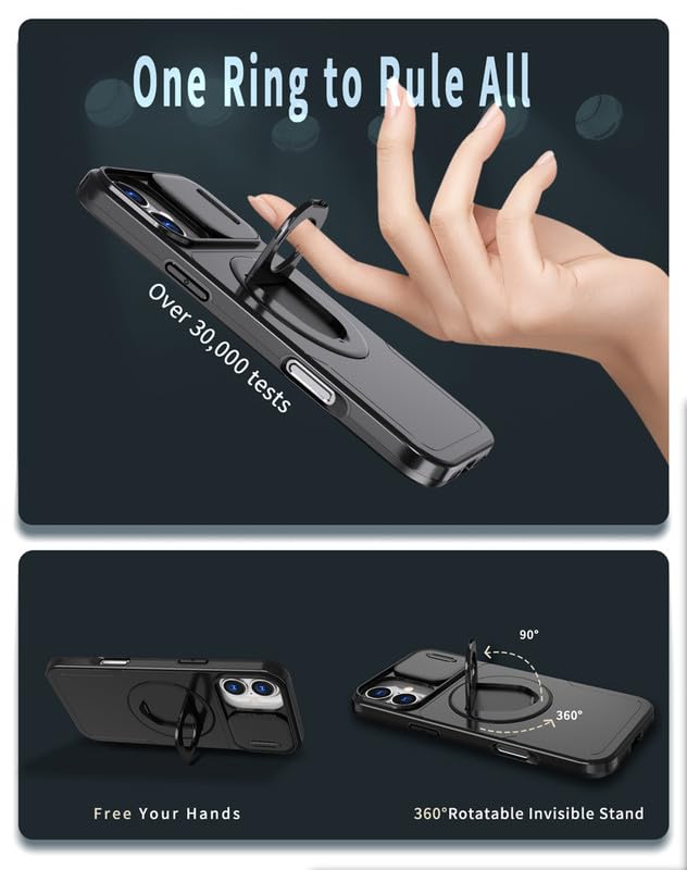 Image of LuxuryKase MagSafe Shockproof Rugged Back Case for iPhone 16 | Finger Ring Kickstand & Sliding Camera Cover | Military Drop Protection | Wireless Charging Support - Black