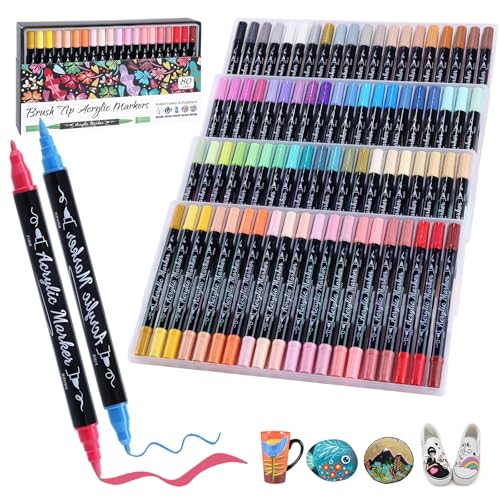 La mejor comparación de Marcadores Top 5. 46 80 Colores Plumone Acrílicos Doble Punta, POVOLE Marcadores Arte Punta Fino & Punta Cepillo, Resistente al Agua, No Se Desvanece, Rotuladore Colorear Madera Piedra Vidrio...