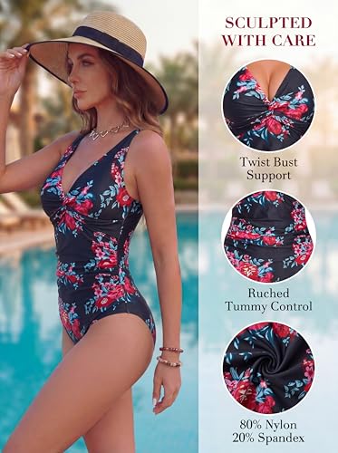 Image of Smismivo Women's Tummy Control Swimsuit One Piece Slimming Ruched Push Up Bathing Suit Vintage Padded Retro V Neck Swimwear