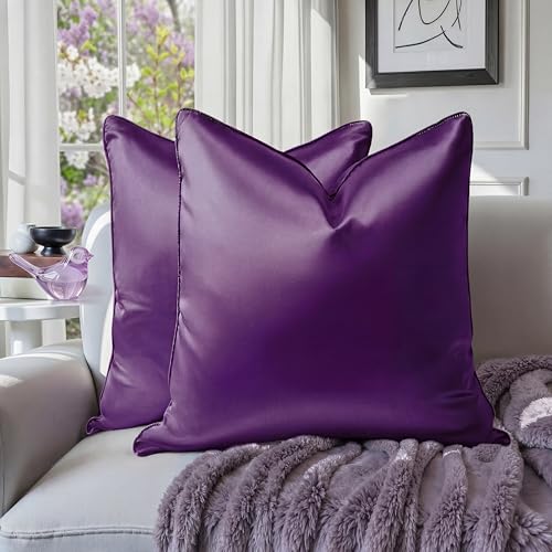 HOMEIDEAS Faux Silk Purple Decorative Throw Pillow Covers 18x18 Set of 2