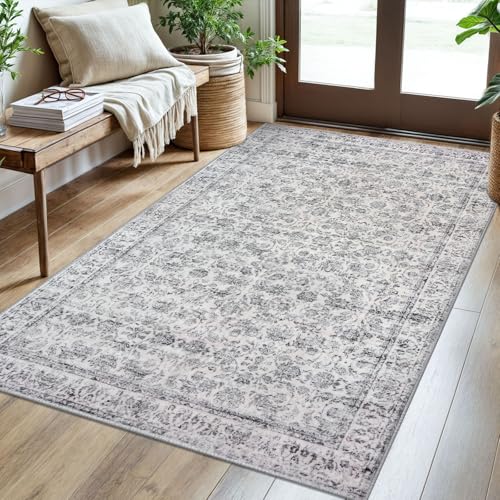 3x5 Grey Blue White Washable Rug for Entrance, Soft Distressed Floral Rug with Non-Slip, Low-Pile Vintage Neutral Area Rugs for Entryway Living Room, Bedroom, Dorm Carpet with Non-Shedding