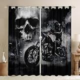 Homewish Black Motorcycle Rider Window Curtain Gray Skull and Mist Decor Window Drapes Extreme Sport for Boys Teens Men Lightweight Microfiber Polyester for Dorm Bedroom and Living Room, 76Wx45L inch