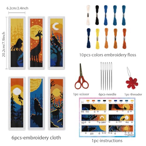 Image of INFUNLY 6pcs Animal Silhouettes DIY Cross Stitch Bookmark Starter Kits with Instruction 2.4''x7.9'' Lion Giraffe Stamped Embroidery Bookmark Kit Moon Branches Embroidery Bookmark Set for Book Lovers