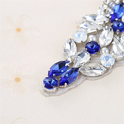 Crystal Rhinestone Applique Belt Bridal Wedding Dress Applique Blue 8.7x1.9 inches4