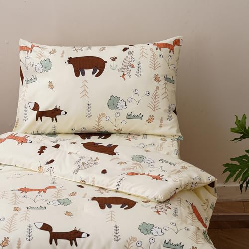 Image of Wellboo Yellow Bear Toddler Bedding Sets for Girls Boys Cute Cartoon 4 Pieces Soft Crib Bed Set Including Comforter, Sheets and Pillowcase Child Fox Theme Woodland Forest Quilt