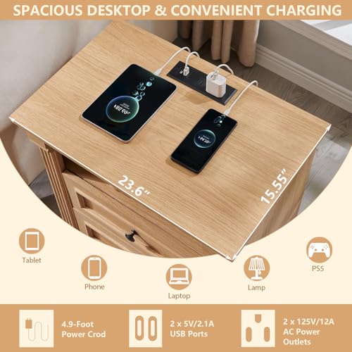 Image of Aitjunz 26 inch Tall 2 Drawers Dresser for Bedroom, Farmhouse 23.6 inch Wide Large Nightstand with Charging Station, Wood Rustic Side Table w /Roman Column, End Table for Bedroom, Living Room, Natrual