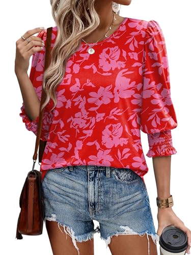 Image of XIEERDUO Blouses for Women Dressy Casual 3 /4 Length Sleeve Womens Tops with Smocked Cuffs