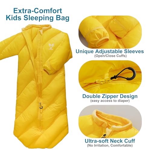 Bolsa de dormir para niños AZITREK T40, tamaño infantil, color amarillo, forma momia, para edades 2-4 años, ligera, compacta y resistente al agua miniatura 5