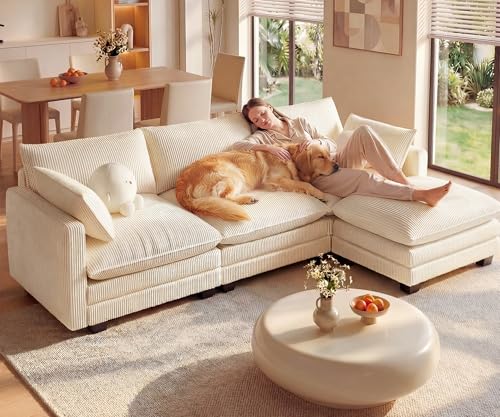 Image of Gizoon 110'' Oversized L Shaped Couch for Living Room, Cloud Couches with Washable Corduroy Cover, Modern 4-Seater Comfy Deep-Seat Sofa with Movable Ottoman and 2 Throw Pillows for Apartment, Beige