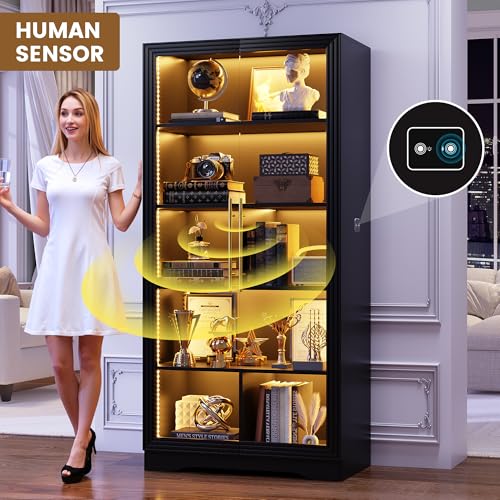 Image of LVSOMT Bookcase with Glass Doors and LED Light, Home Office Bookshelf Black | 65 inch Tall Display Cabinet with Adjustable Shelves, Human Sensor, 5 Tier Storage Case for Collectibles, Living Room Study Room