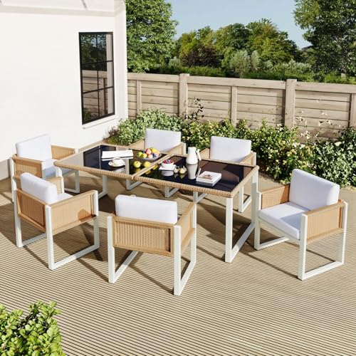 KOMHTOM Salon de Jardin 7 Pièces, Ensemble Repas en Résine Tressée avec Table en Verre Trempé...