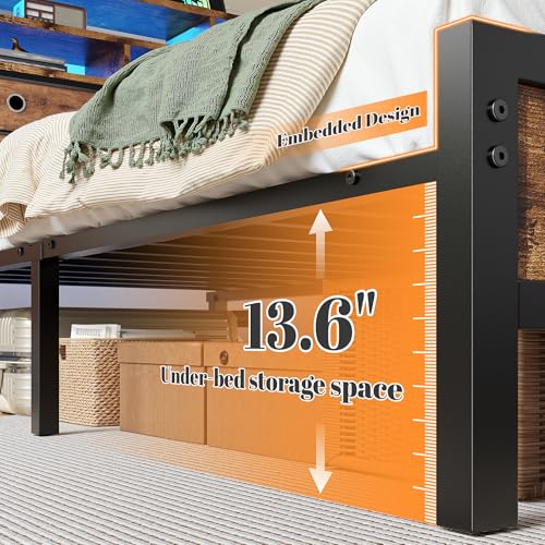 Image of Homkdom Bed Frame Queen Size with 3-Tier Storage Headboard and 4 Drawers,Queen Platform Bed Frame with LED Lights & Charging Station,Metal Queen Bed,Noise-Free,Rustic Brown