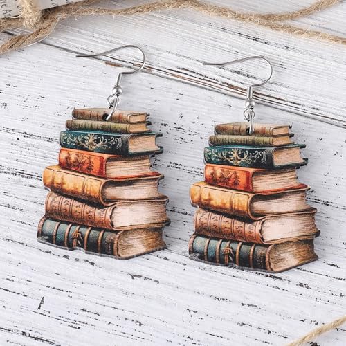 Handmade Wooden Stackable Book Dangle Earrings Lightweight Teacher Student Stack of Books Reading Earrings for Women Librarian Teachers Appreciation Day Gifts Graduation Back to School Jewelry3