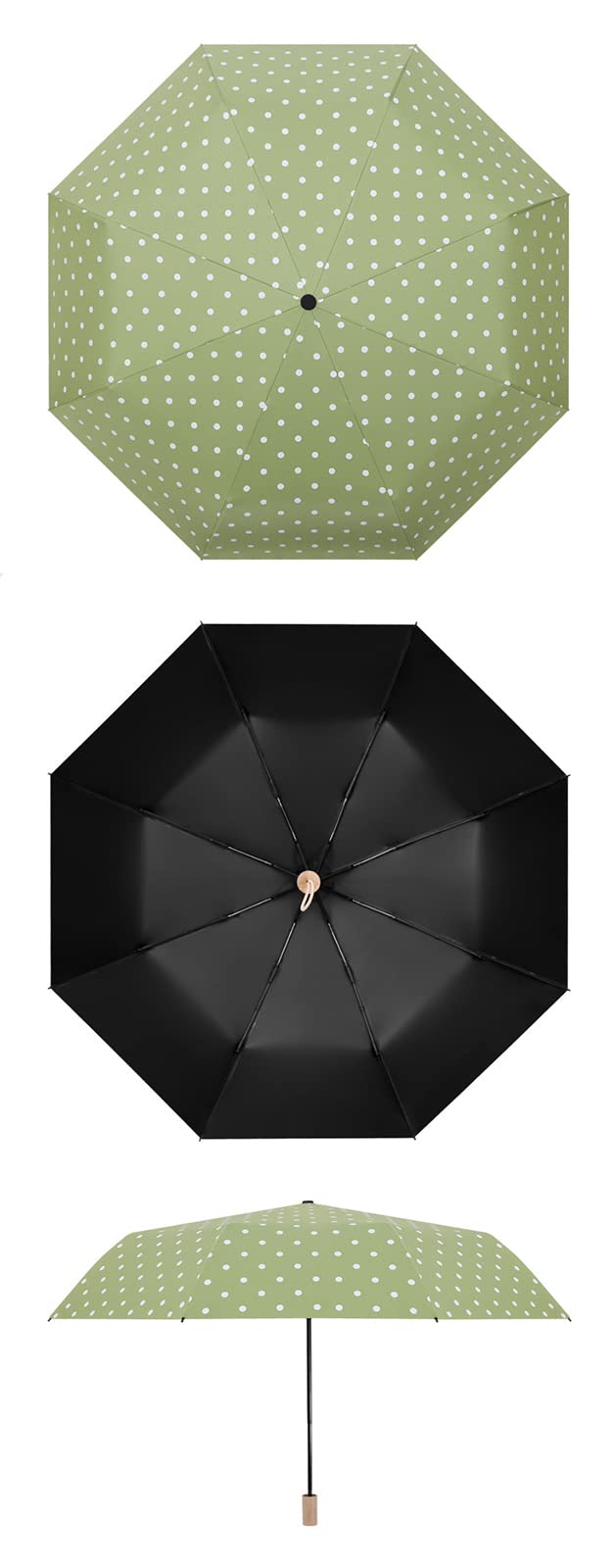 Paraguas de Viaje a Prueba de Viento, Paraguas Plegable Compacto con Mango de Madera Maciza de Lunares, protección UV UPF 50+ de 8 Varillas, Paraguas para Hombres y Mujeres