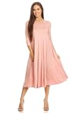 Women's Loose 3/4 Sleeve Midi Shift Below Knee Trapeze Dress Made in USA (Medium, Dusty Rose)