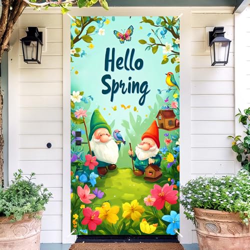 Image of Hello Spring Gnome Door Cover 35x71in Bird Butterfly
