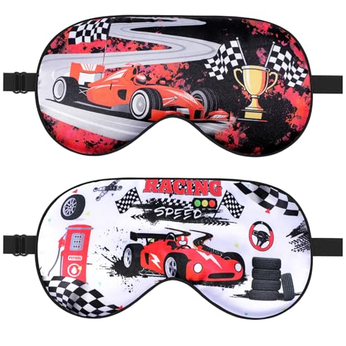 FrgKbTm 2 Pcs Sleep Mask for Kids Boys Silk Eye Covers for Sleeping Adjustable Strap & Light Blocking Design Childrens Bedtime Blindfold for Travel and Home Use (Race Car)